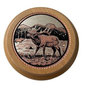 Elk Designed Copper Plate Inset In A Round Lidded Trinket Bowl